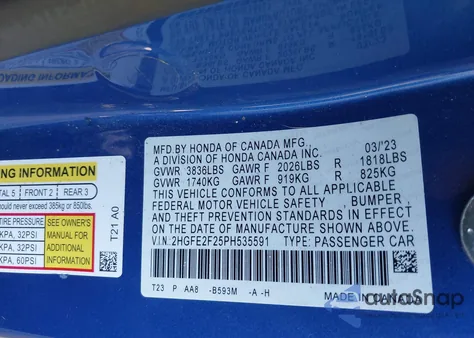2023 Honda Civic Lx from USA, damaged, VIN 2HGFE2F25PH535591